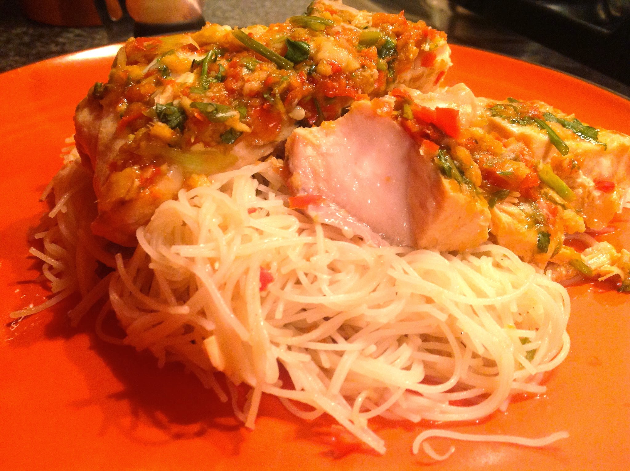 FEISTY TAPAS Thermomix Coriander and Chilli Steamed Salmon