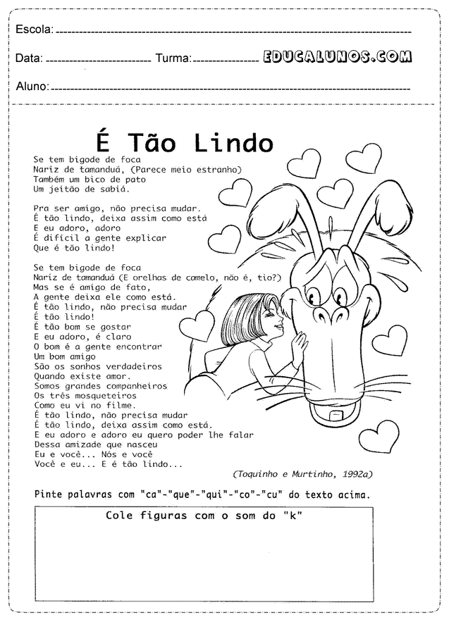 Pinte palavras com "ca" - "que" - "qui" - "co" - "cu" do texto