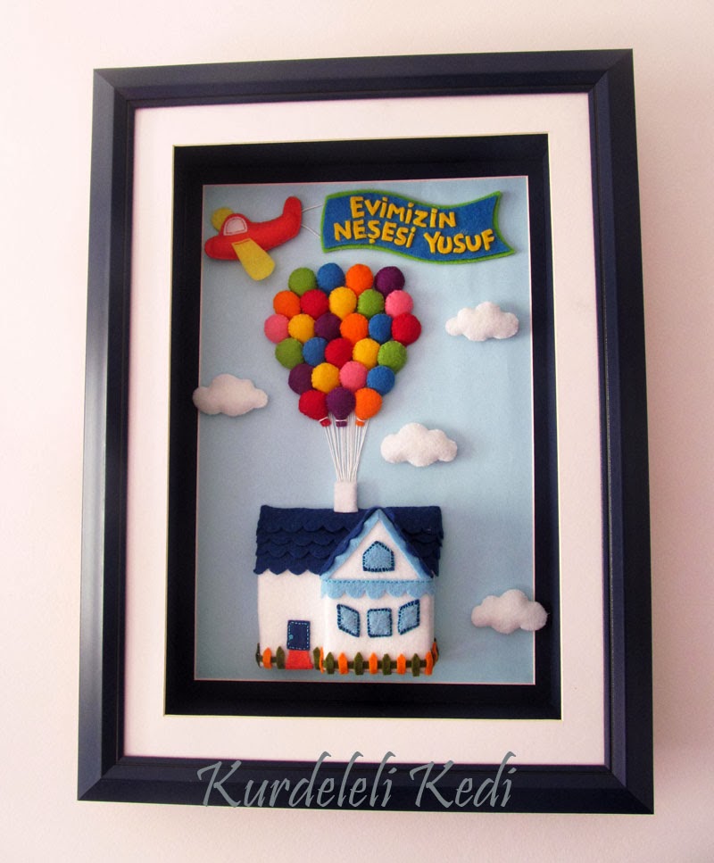 Kurdeleli Kedi "Balonlu Ev" Keçe Tablo Çalışmam 2