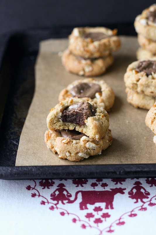Top with cinnamon Peanut Butter, Pretzel and Brownie Thumbprint Cookies
