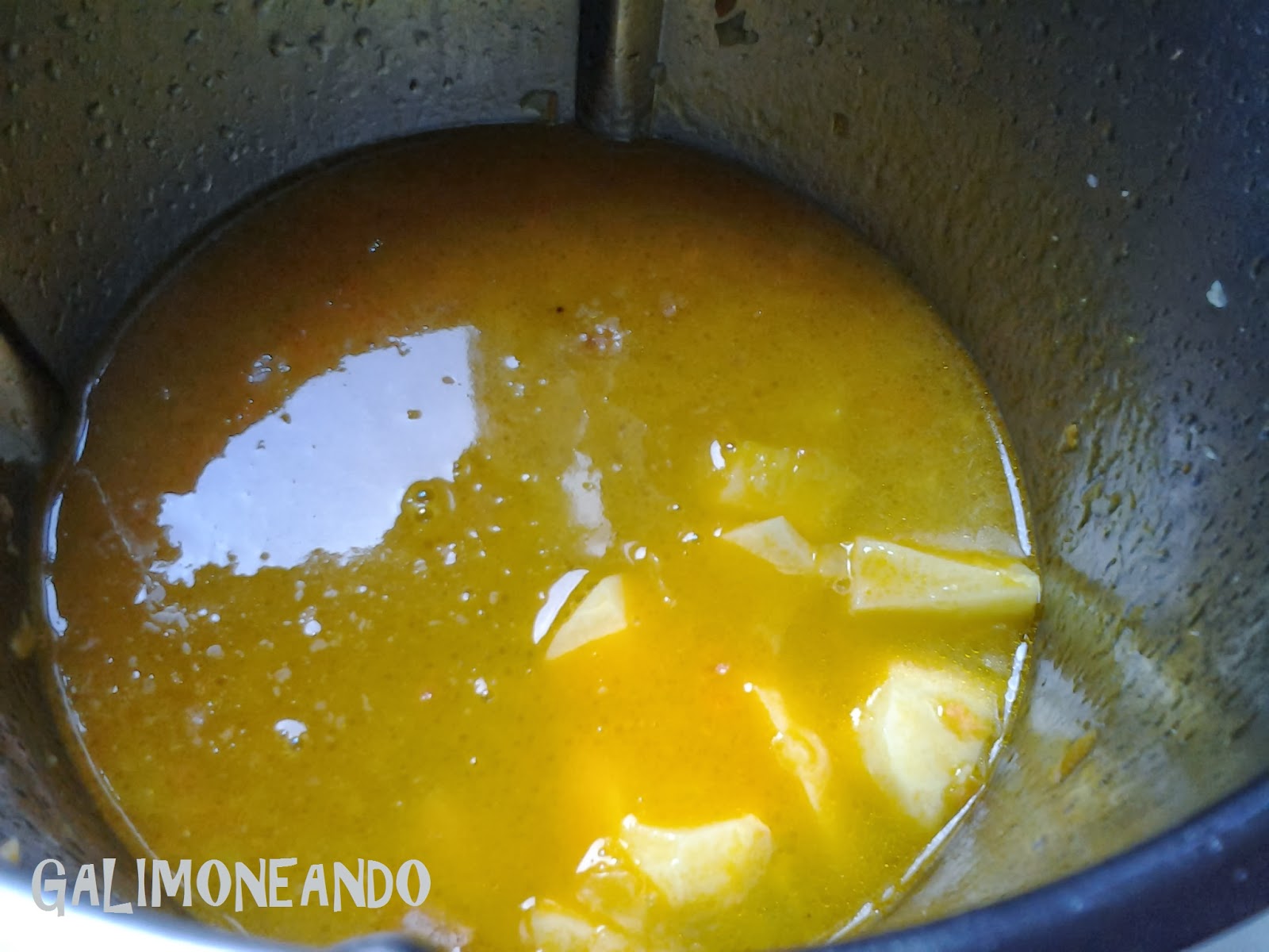 Añadir el caldo de los mejillones y el caldo de pescado. Cocer. GALIMONEANDO