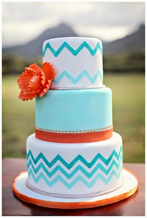 aqua and orange wedding cake