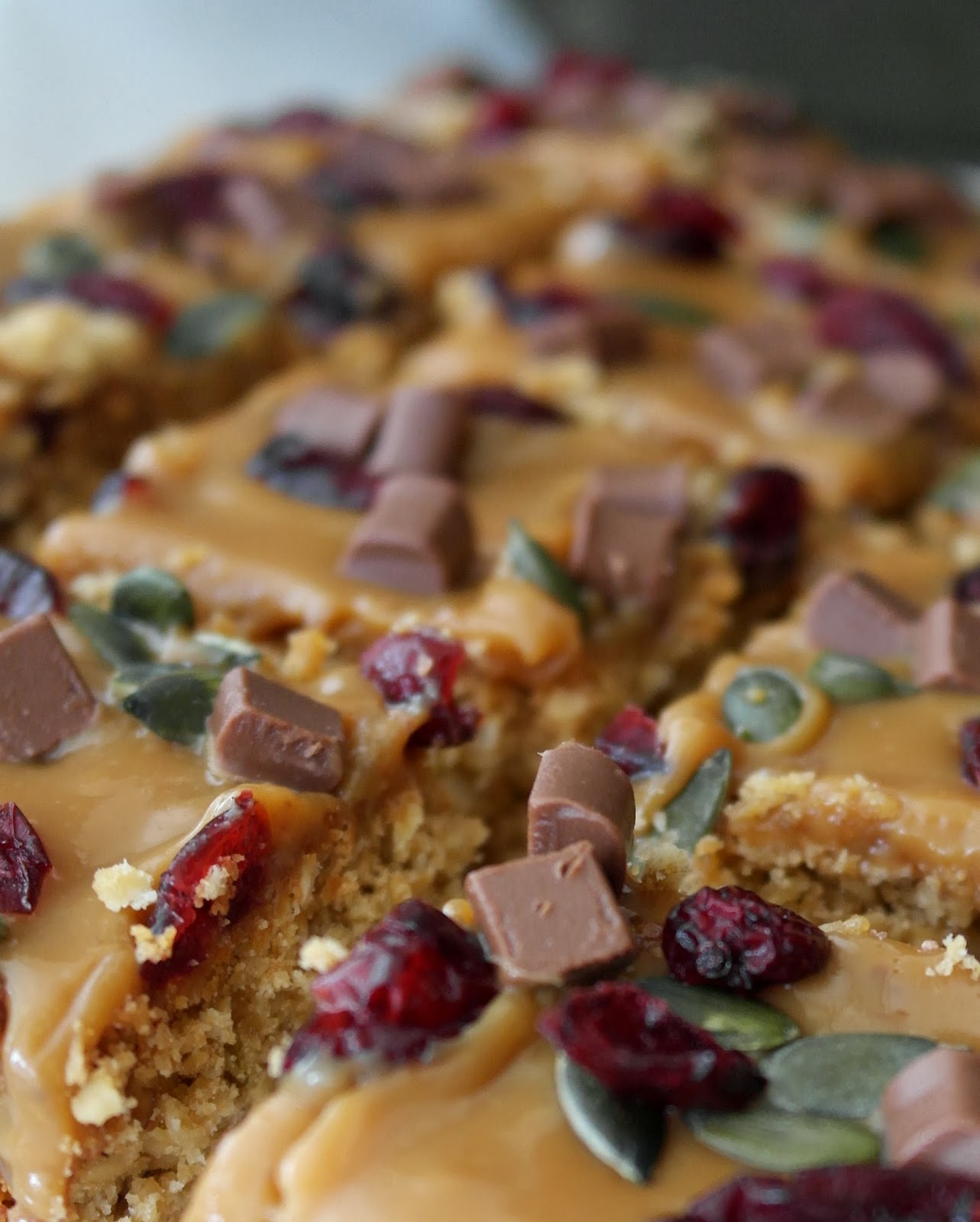 caramel pumpkin seed and cranberry flapjack