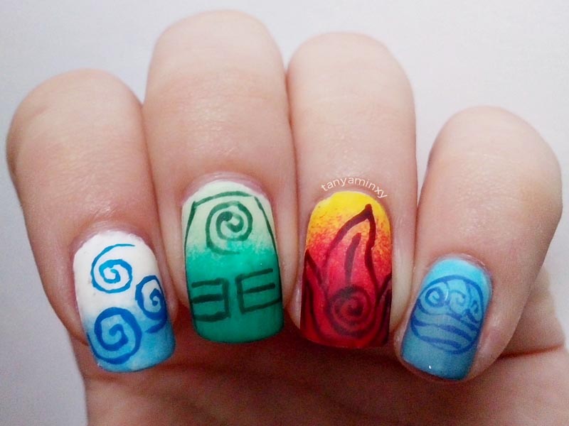 Matching Manicures Cartoon Avatar The Last Airbender Nails Nail Art Nail Design Four 4 elements air earth fire water