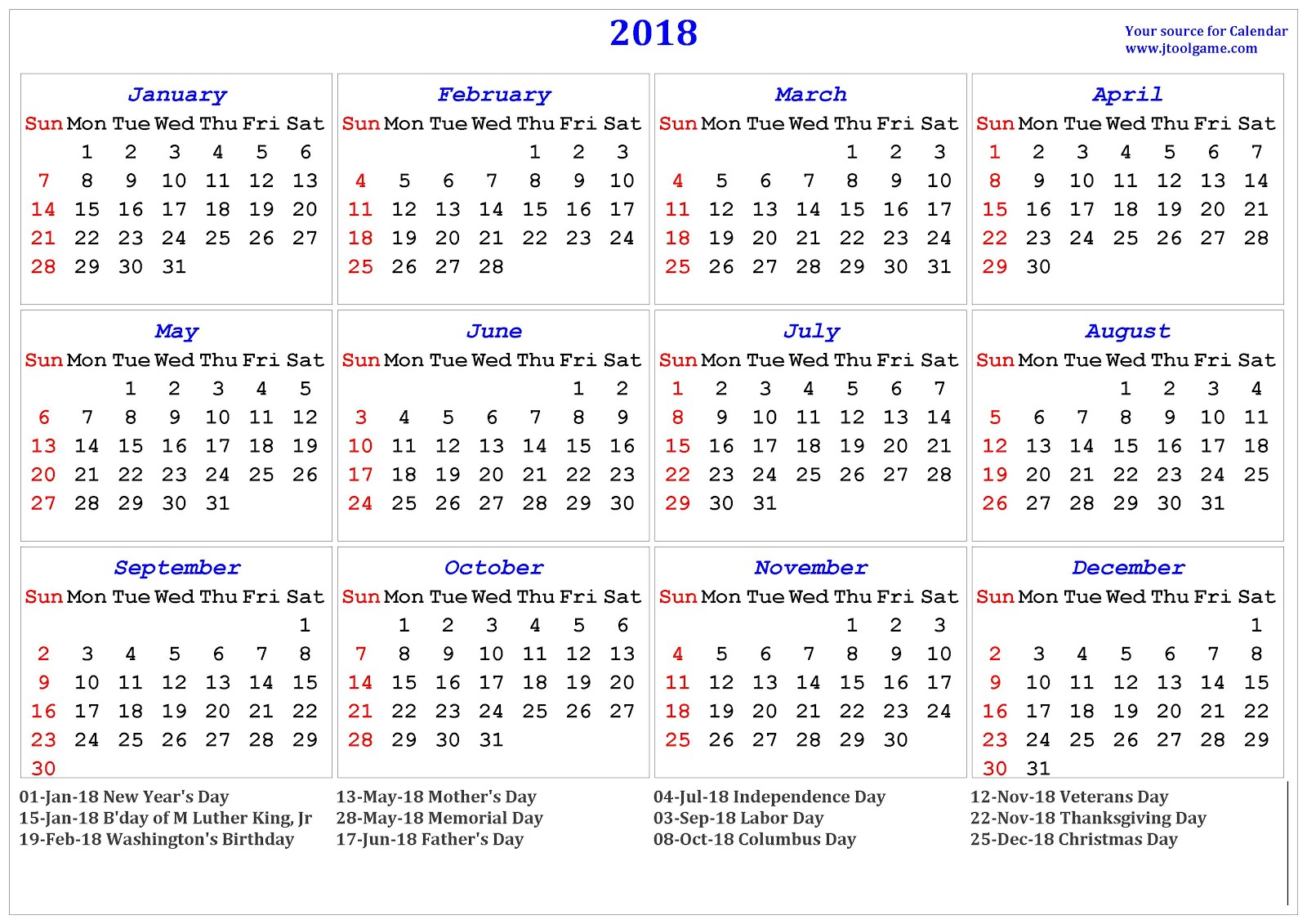 2018 2018 2018 calendar printable