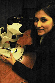 Intern Emily Jaso checks for counterfeit bills under a microscope.