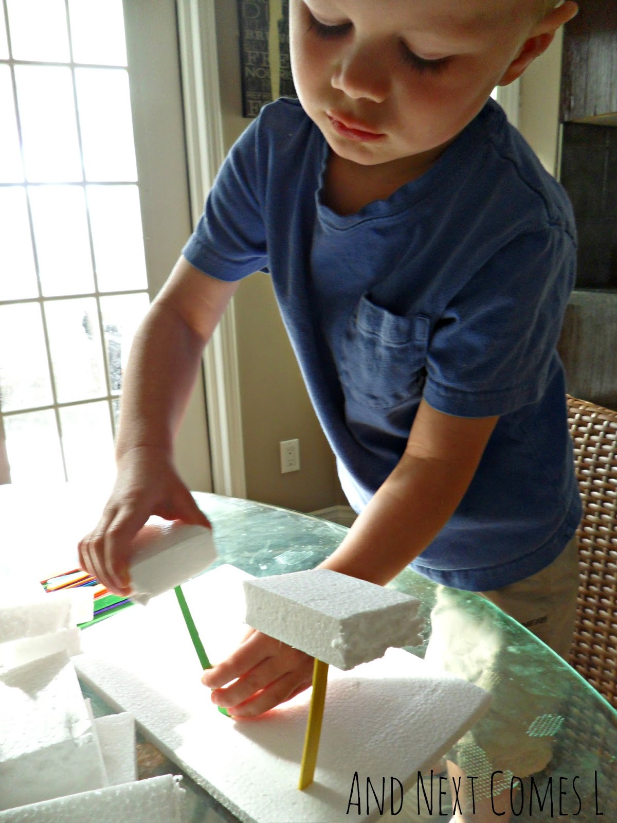 Building With Styrofoam and Colored Craft Sticks And Next Comes L