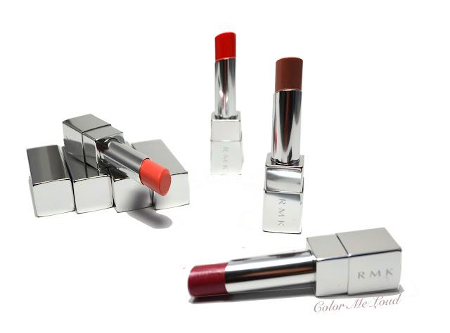 RMK Irresistible Glow Lips Lipsticks 01 Cherry Red, 09 Pink Coral, 12 Mix Berry Rose, Ex-01 Noble Mauve, Review, Swatch & FOTD