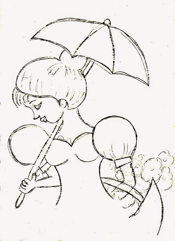desenho de boneca com sombrinha e cesto de flores para pintar em pano de copa e colocar saia de croche