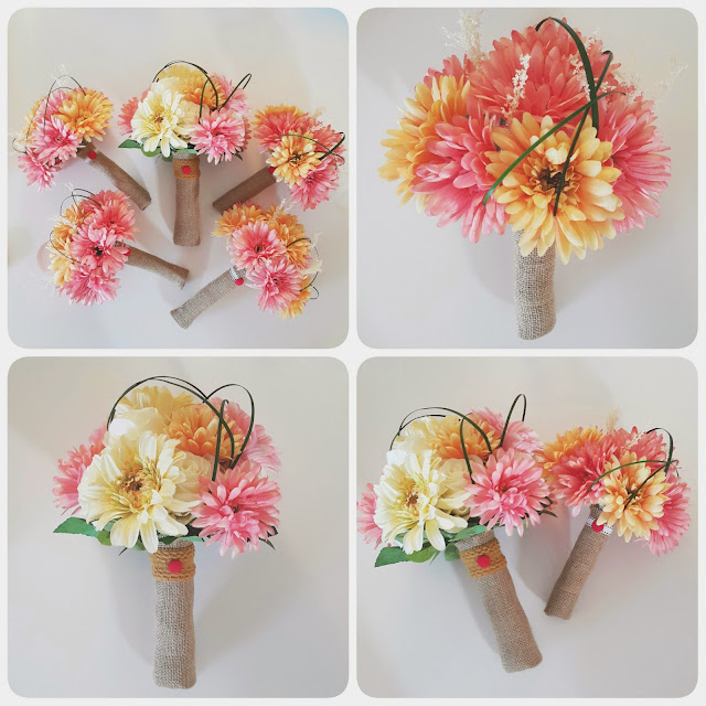 a set of rustic bouquets with gerbera daisy and rose, for the bride and the bridesmaids
