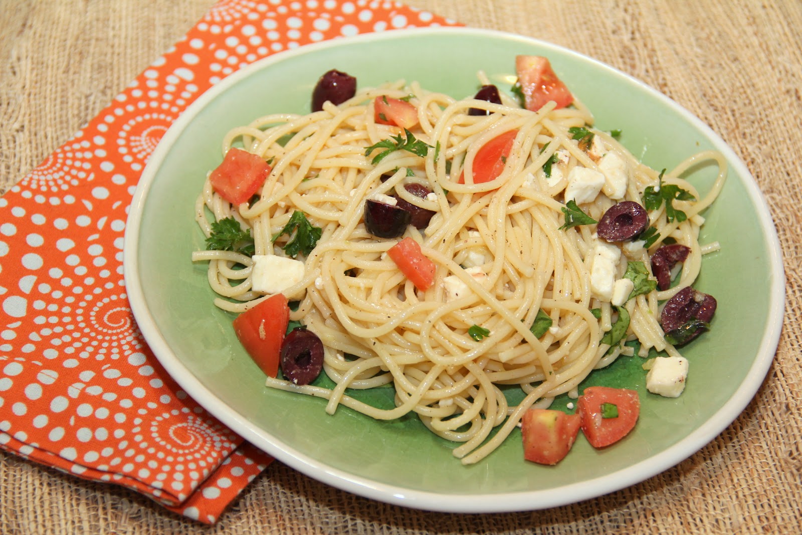 Dalia's Delights Spaghetti with Tomatoes, Olives, Garlic, and Feta Cheese