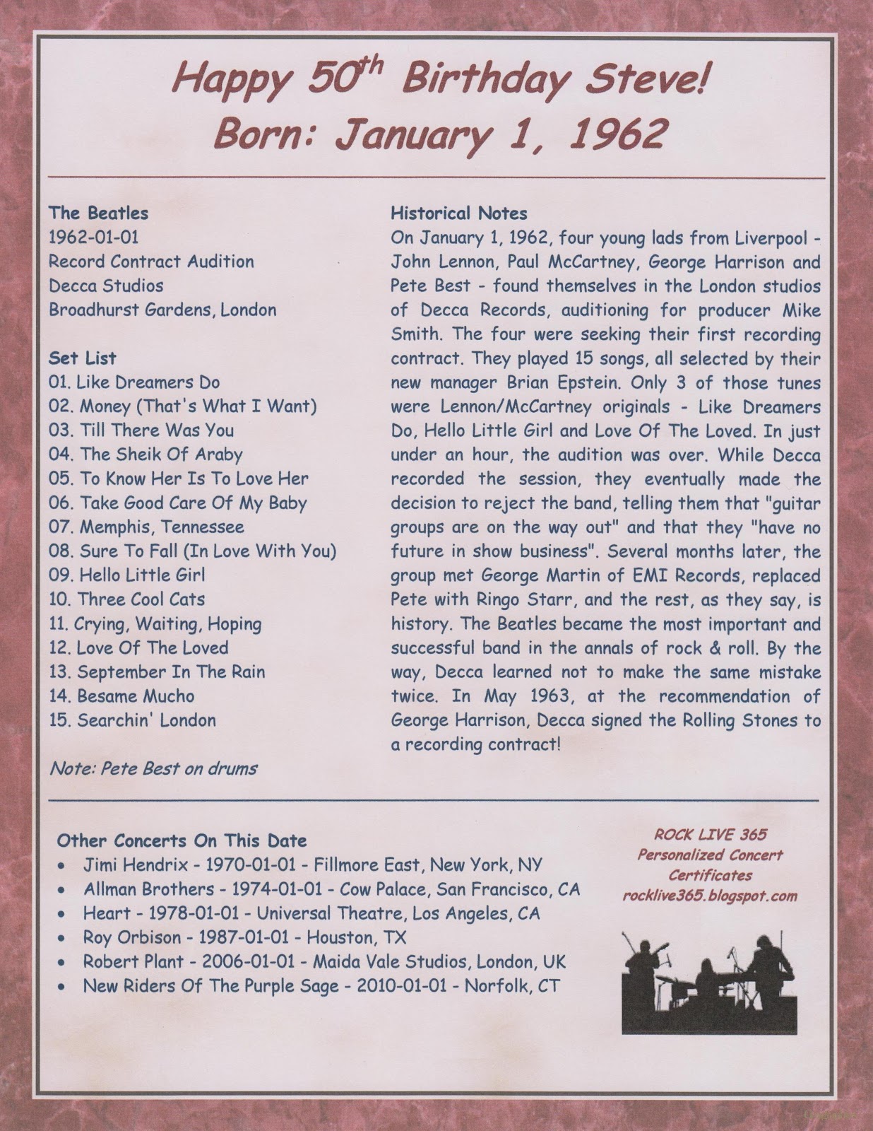 rock live 365 personalized concert certificates 50th birthday certificate
