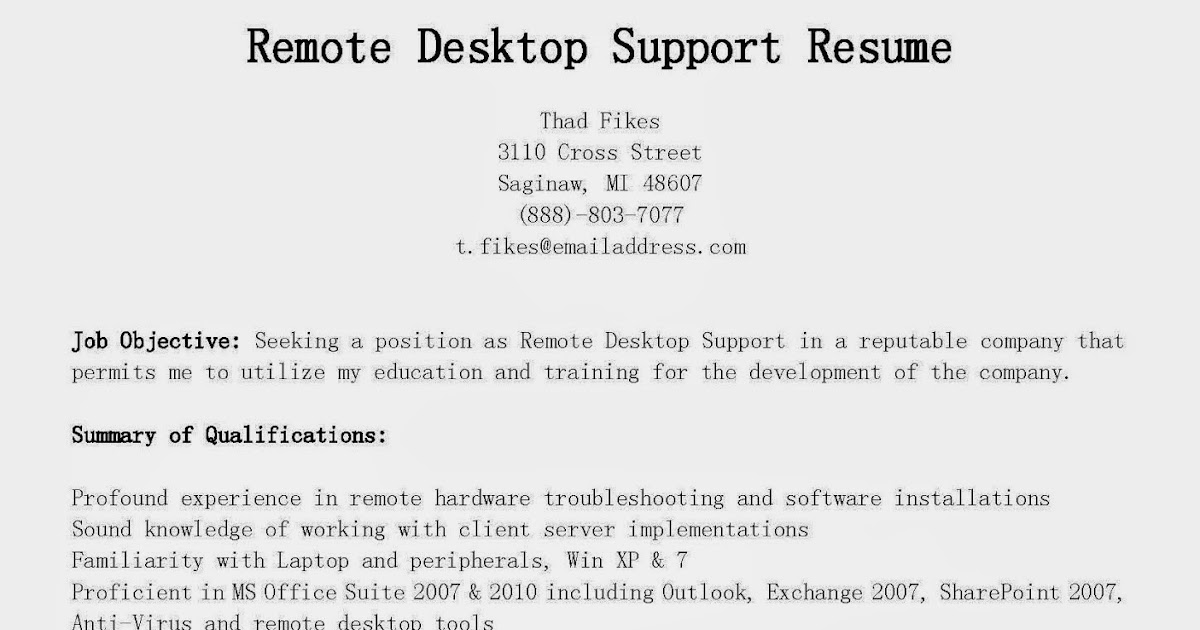 resume samples remote desktop support resume sample