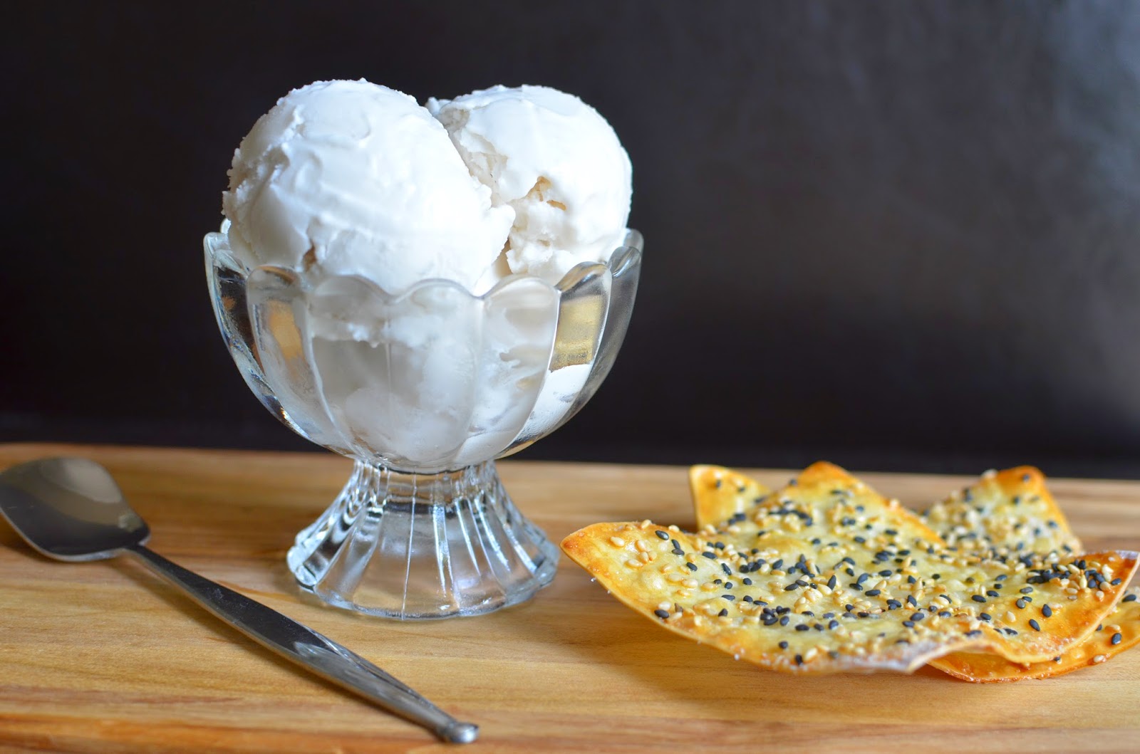 Playing with Flour Easy coconut milk ice cream and sesame wonton crisps