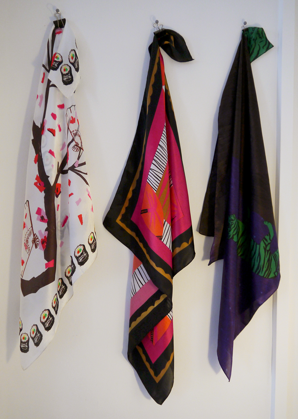 Scarf Designs at the Karen AMbon Scarf School Graduation Scarf School, Scarf School Graduation, Edinburgh, Hill Street Design House, Karen Mabon, Scarf Design, Scottish Bloggers, blogging duo, sushi scarf, patterned scarf, tiger scarf