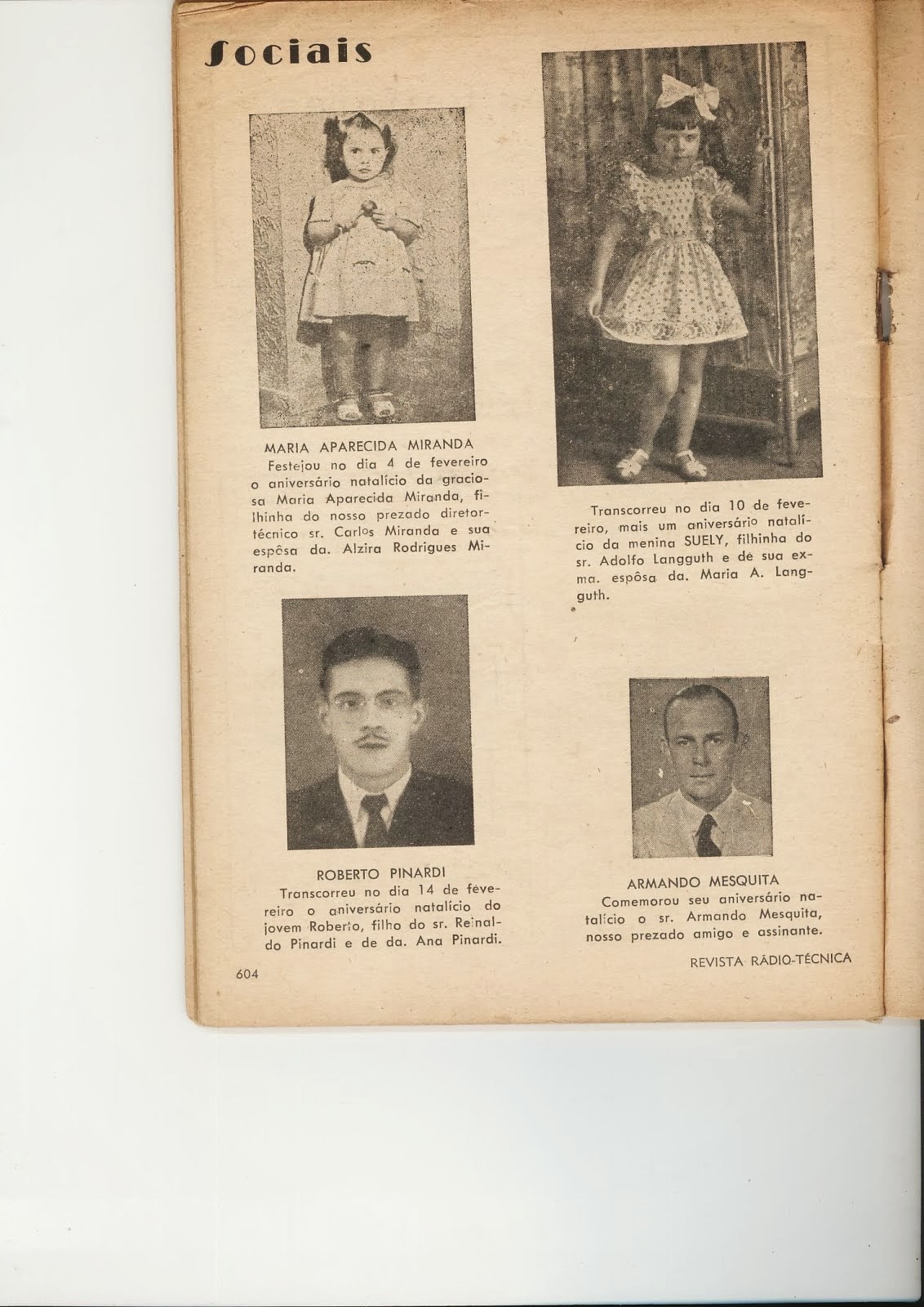 Aniverssariantes de 1948 anunciados na Revista Radiotécnica