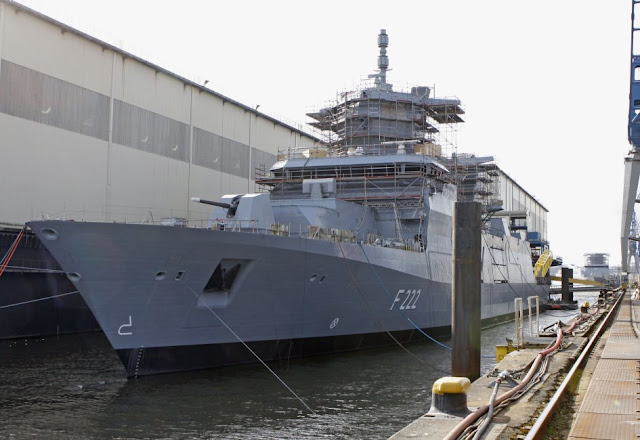 The German Navy's F 125 frigate Baden-Wuerttemberg (F222), with the recently fitted Oto Melara 127/64 Light Weight gun system. Second-in-class Nordrhein-Westfalen is in the background. (Michael Nitz/Naval Press Service) FGS Baden-Wuerttemberg (F222)