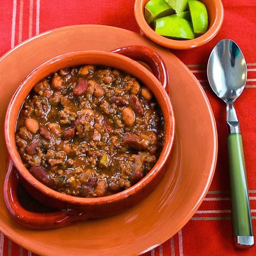 Slow Cooker Beef and Refried Bean Chili with Salsa and Lime from Kalyn
