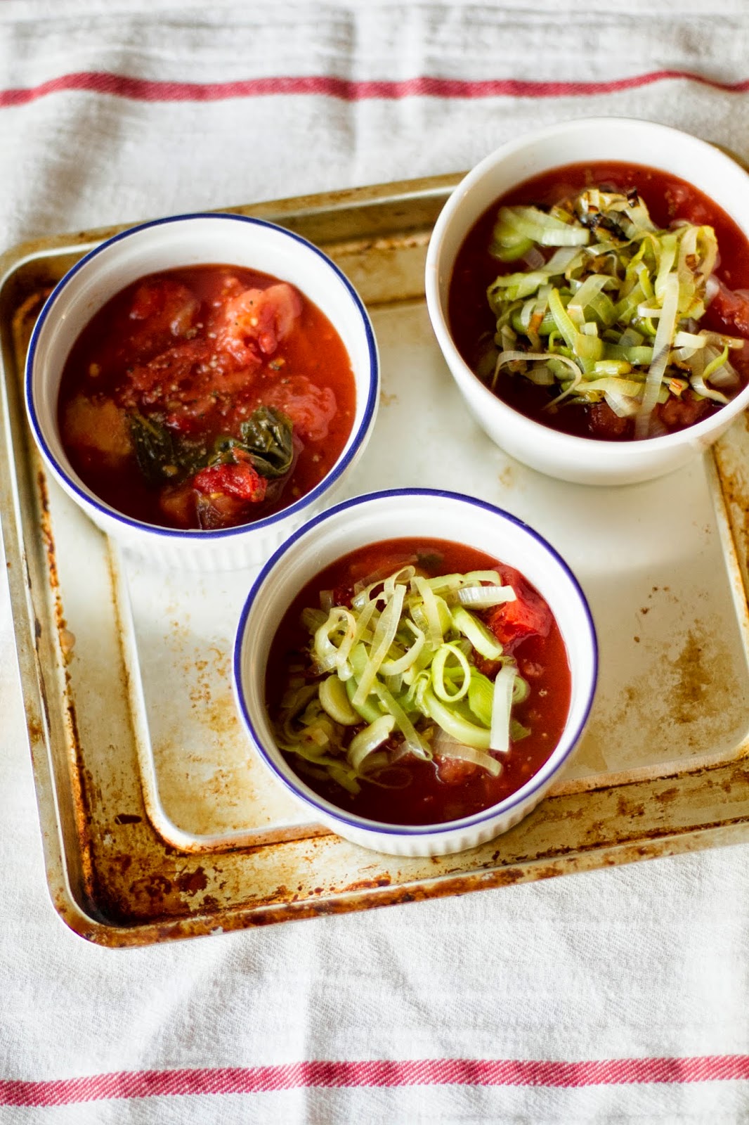 Buttered Up Baked Eggs in Stewed Tomatoes with Caramelized Leeks