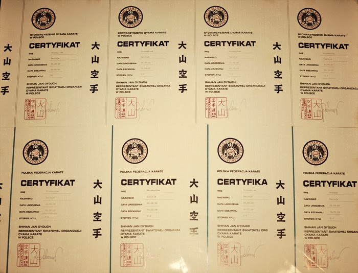 Certyfikat Oyama Karate Stopnie zawodnicze sporty walki, oyama karate