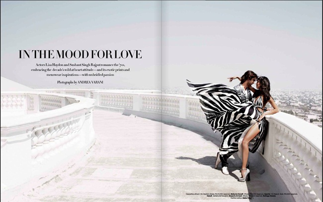 Harper's Bazaar India March 2015, Sushant Singh Rajput and Lisa Haydon Roberto Cavalli Spring 2015 Zebra Printed Silk Dress Editorials
