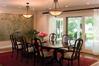Beautiful Dining Room Lighting for Varied Themes in Your House Dining Room Lighting, Lighting System, Proper Lighting, Mediterranean Dining Room, Long Wooden Table, White Oak Flooring, Spacious Wall Arts, Romantic Look, Simple Chest Cabinet, Patterned Carpet