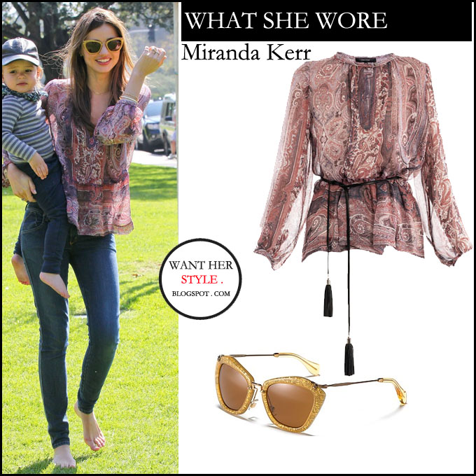 Miranda Kerr in beige crochet top and flared jeans ~ I want her style -  What celebrities wore and where to buy it. Celebrity Style