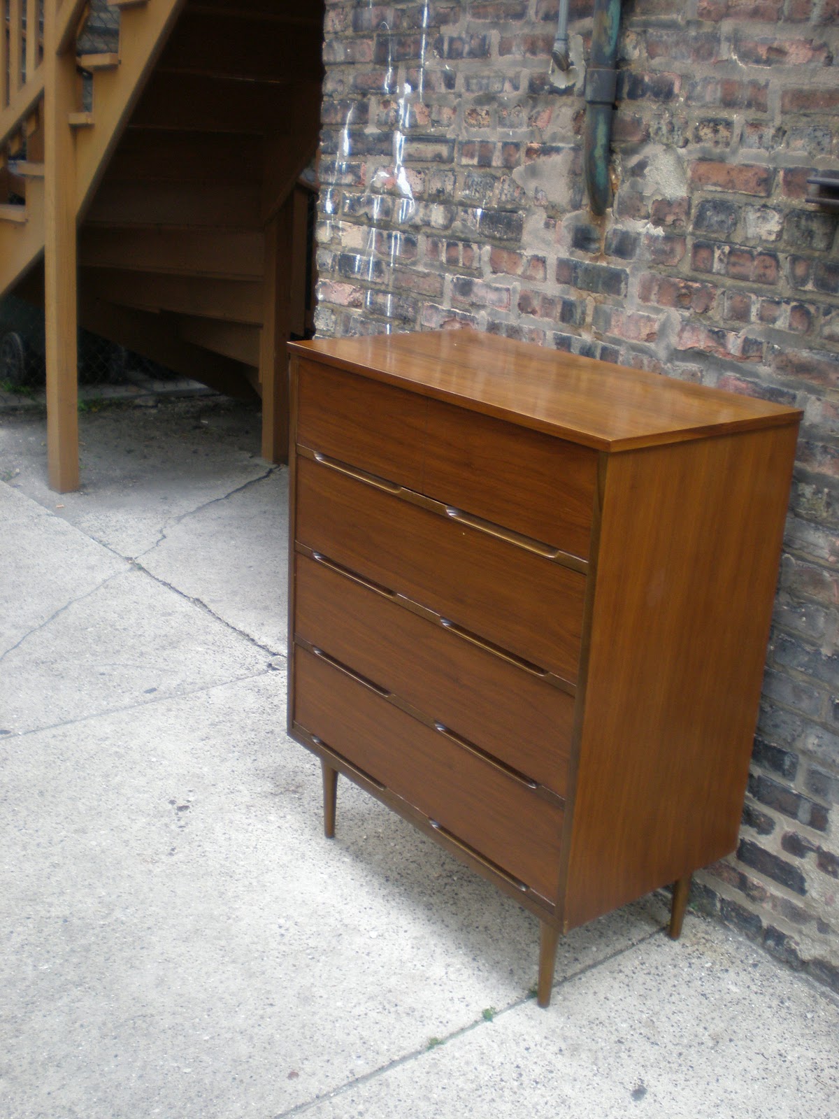 Mid Century Chicago 4 Piece Walnut Bedroom Set Highboy, Lowboy