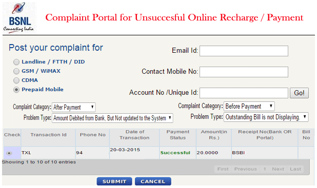 BSNL Complaint Portal for Unsuccessful Transactions BSNL Online Complaint Portal for Unsuccesful Recharge / Payments