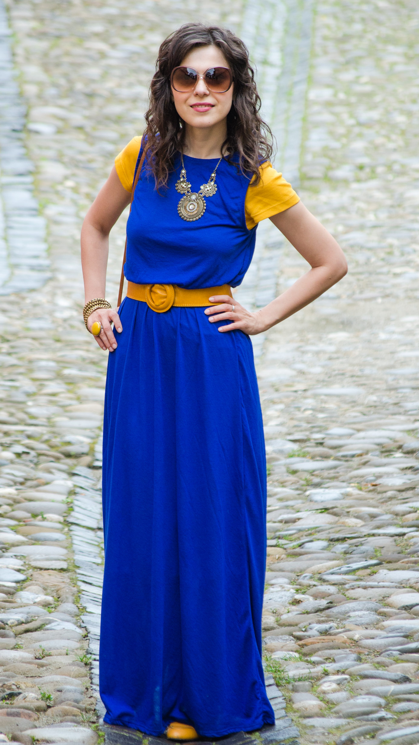 maxi dress cobalt blue mustard flats H&M belt sighisoara