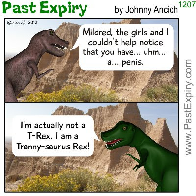 Cartoon about animals, dinosaur, pun, women, 
