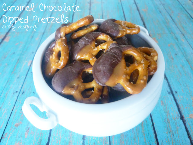Caramel Chocolate Dipped Pretzels - a simple and delicious recipe for caramel and chocolate dipped pretzels @SimplyDesigning #recipe #tastytreats #chocolate #caramel