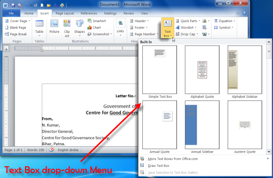 Text box drop-down menu of MS Word