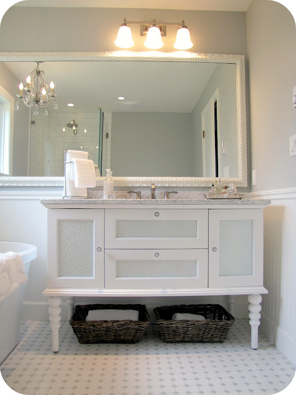 White and Grey Bathroom Renovation/Makeover (Carrera Marble, Hex Tile title=