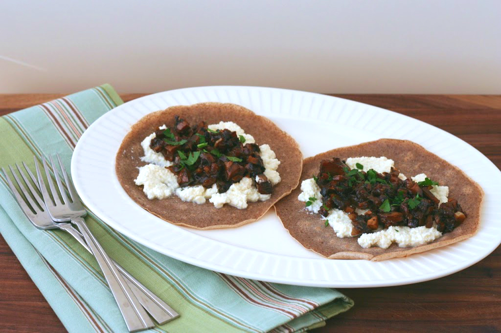 Buckwheat Crêpes with Balsamic Mushrooms & Ricotta Craving Greens