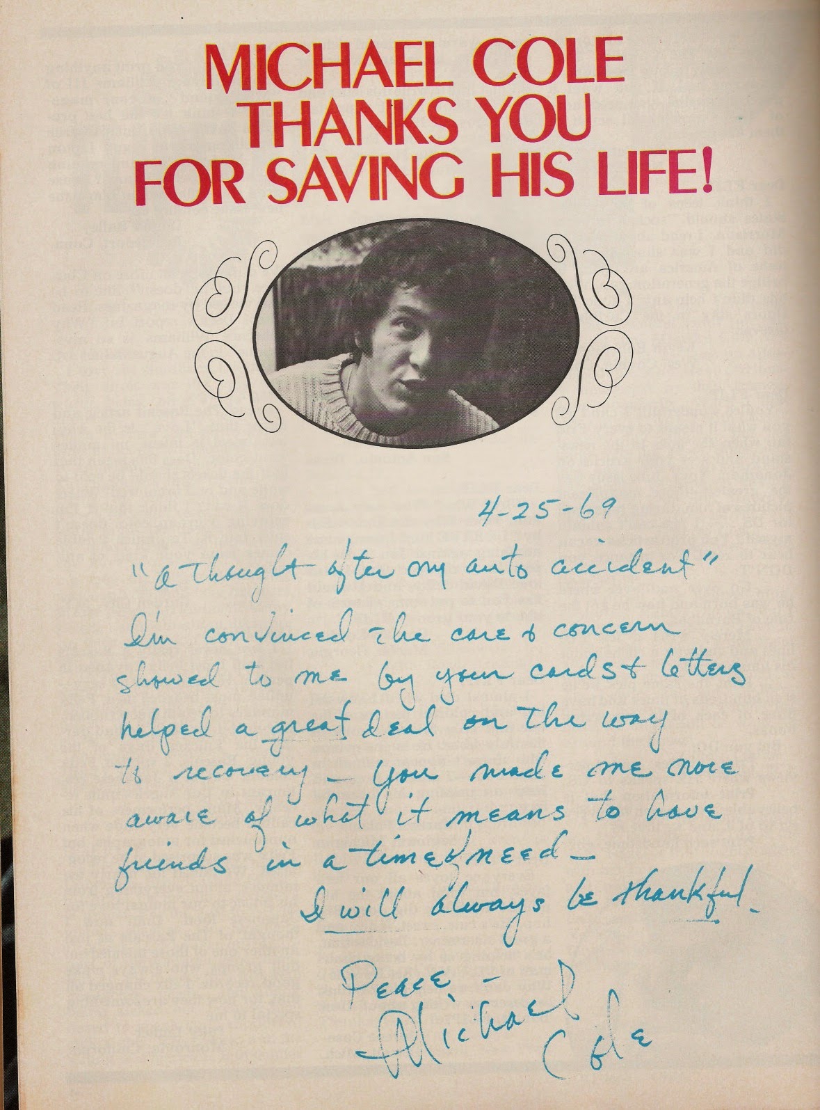 Friends of Michael Cole and fans of The Mod Squad.: Thank you letter after the car ...1179 x 1595