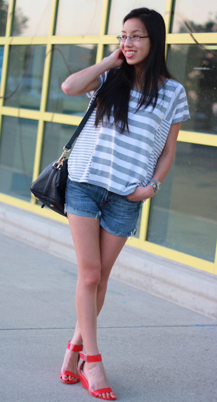 michael kors 7 for all mankind denim shorts striped tee ankle strap wedges