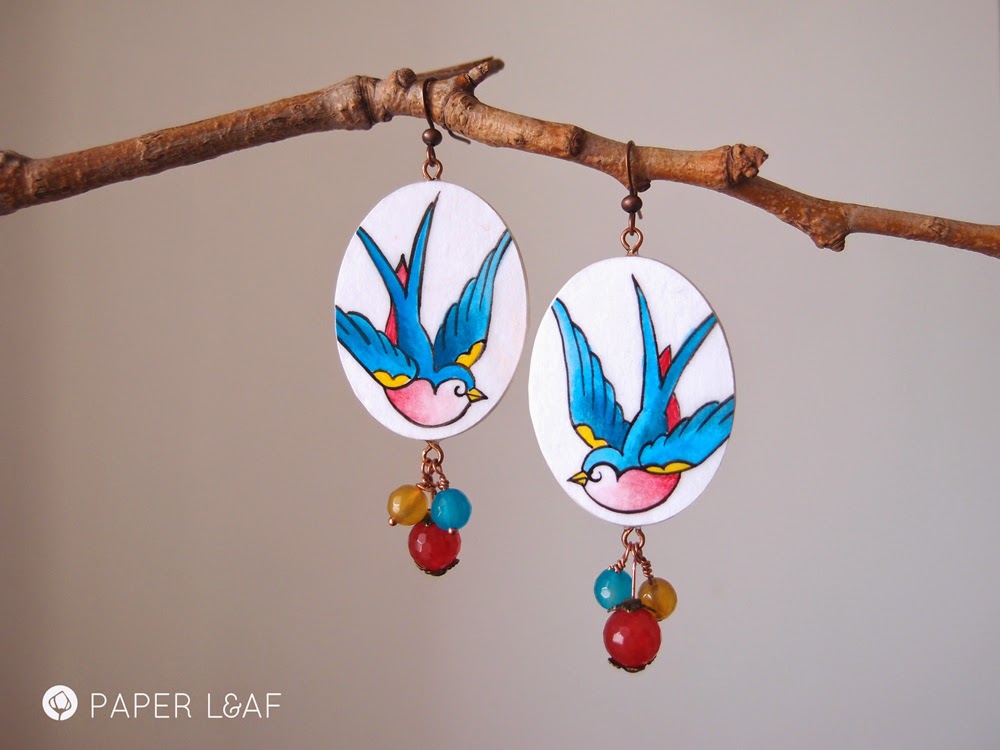 Porcelain Tattoo | Swallow | handpainted paper earrings with agate beads | Paper Leaf