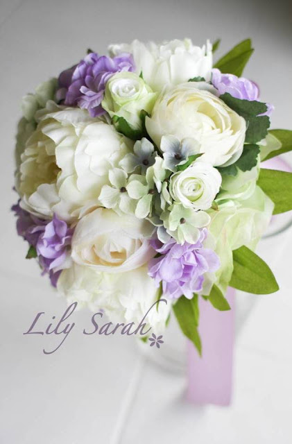 White Peony silk flower bouquet with a combination of white, green and light purple. 