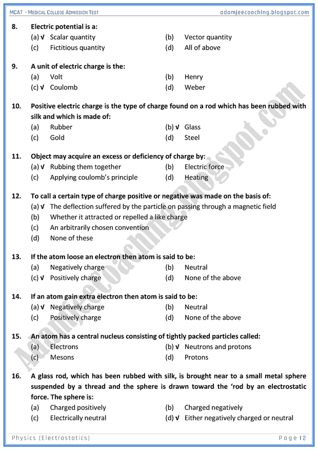 Adamjee Coaching MCAT Physics [Electrostatics] Mcqs for Medical Entry Test