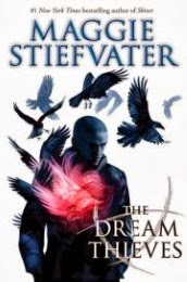Cover art for The Dream Thieves by Maggie Stiefvater, featuring a boy with a shaved head and a flame in the centre of his chest.