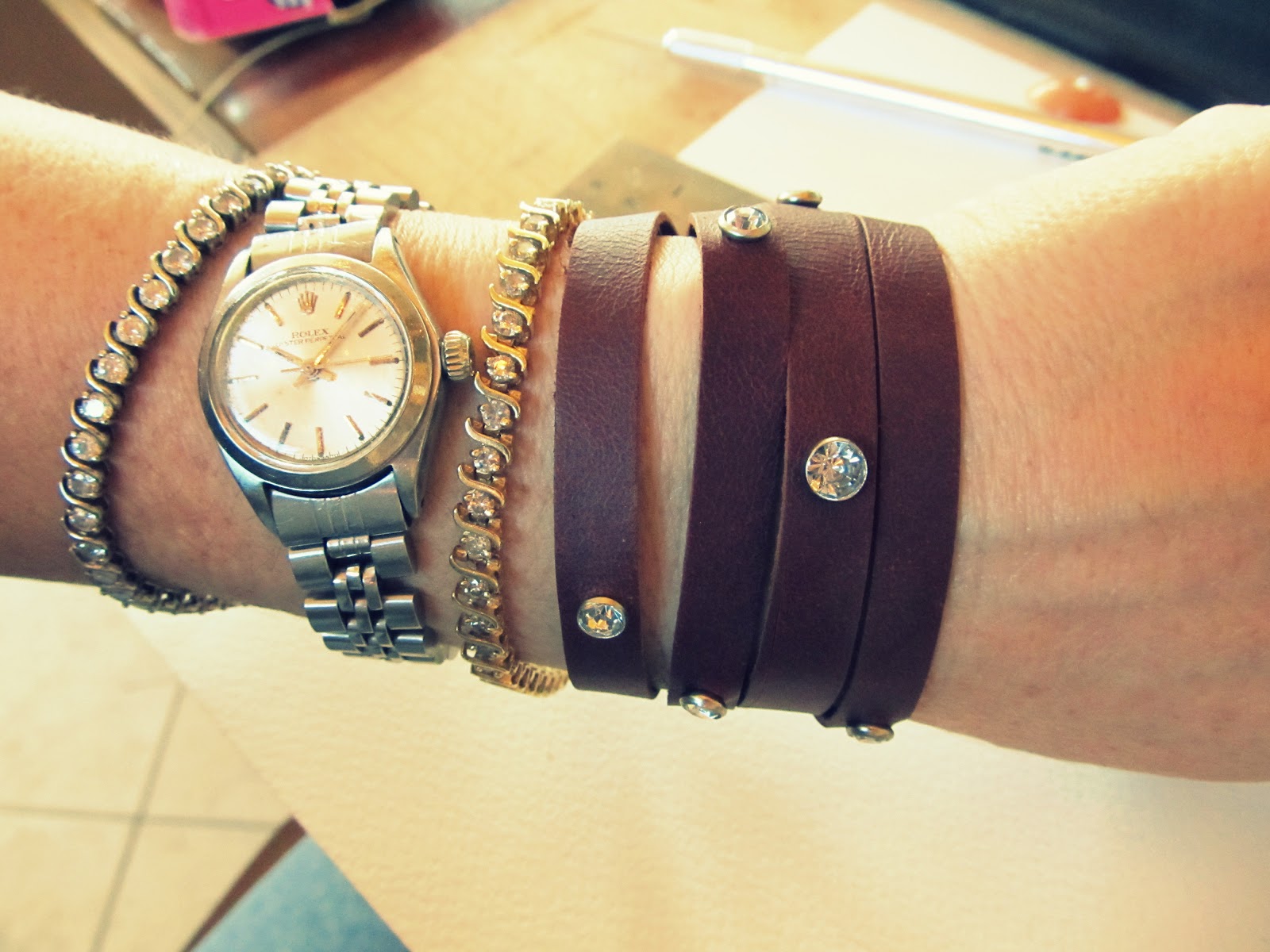 WobiSobi Leather and Rhinestone Cuff Bracelet