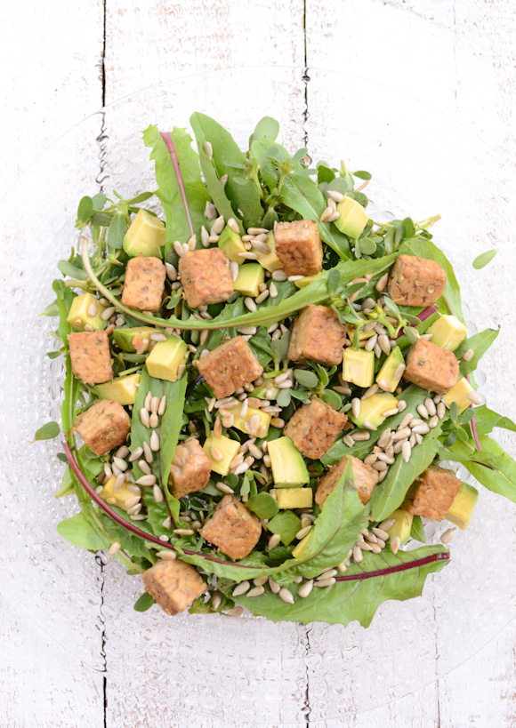 Scandi Home Purslane and Dandelion Salad with Tempeh Croutons