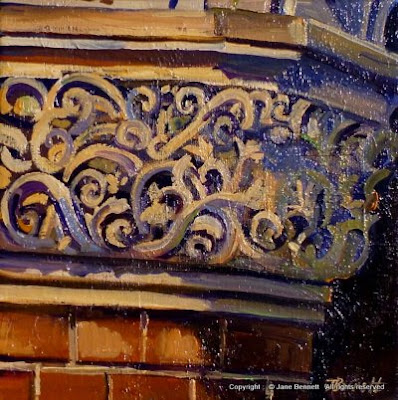 plein air oil painting of carved sandstone columns in Sydney Technical College   painted by industrial heritage artist Jane Bennett