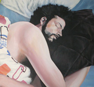fragmento de la obra Crisálida de hombre durmiente II, de la pintora Eva Román, retrato del autor - haz click sobre la imagen para ver el cuadro
