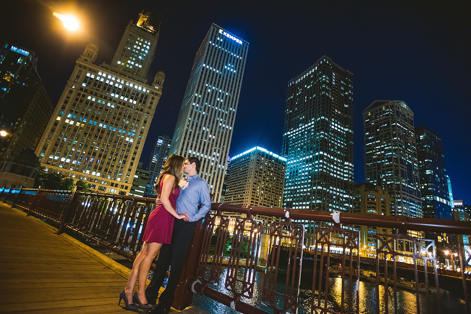 Downtown Chicago Night Engagement Photo
