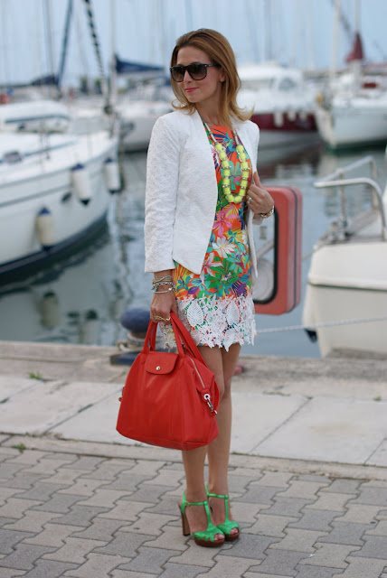 summer outfit, tropical print dress, lace jacket, Longchamp le cuir bag, Fashion and Cookies