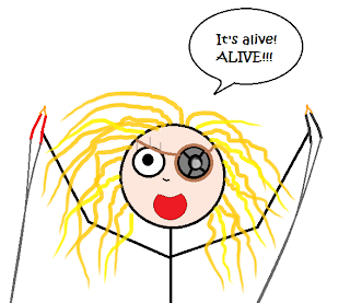Blond haired stick figure wearing a steampunk ocular device and holding up jumper cables, smiling widely, shouting "It's Alive!  ALIVE!!!"