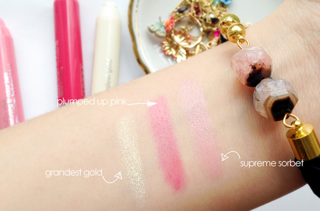 Clinique Chubby stick for eyes and lips supreme sorbet, plumped up pink, grandest gold swatches