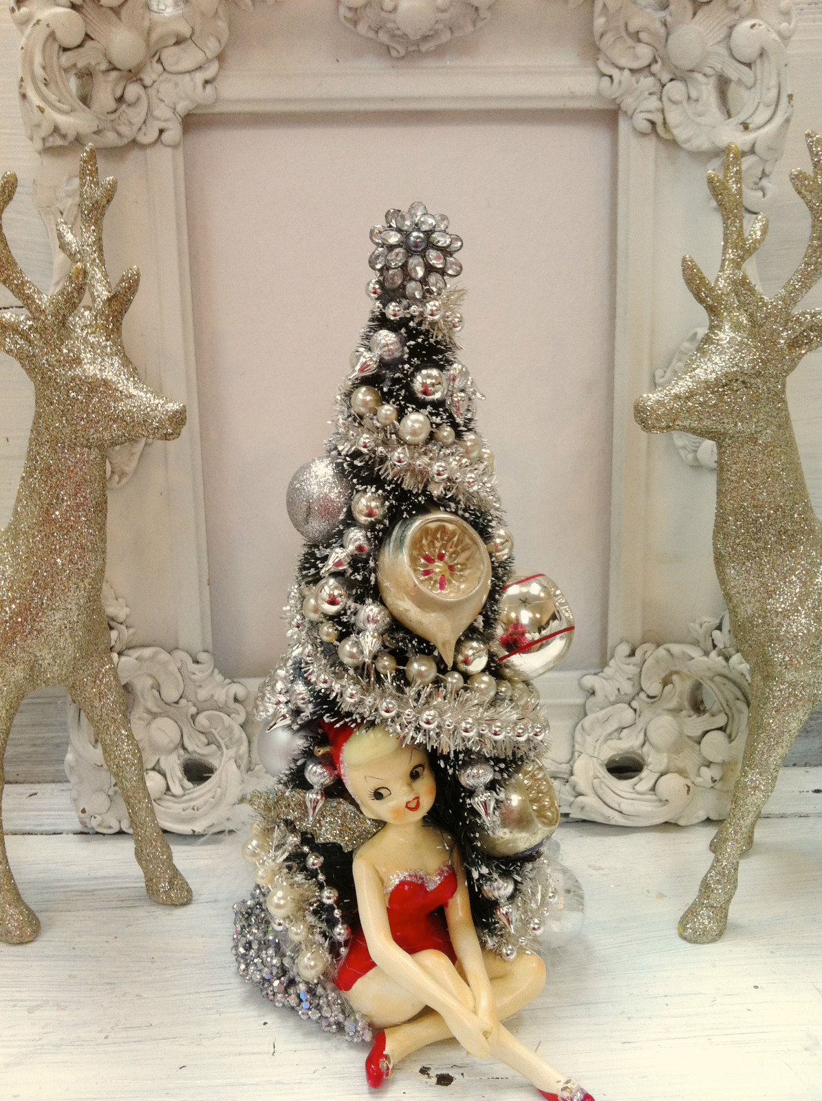 LilacsNDreams Bottle Brush Trees Pink Vintage Ornaments Glitter